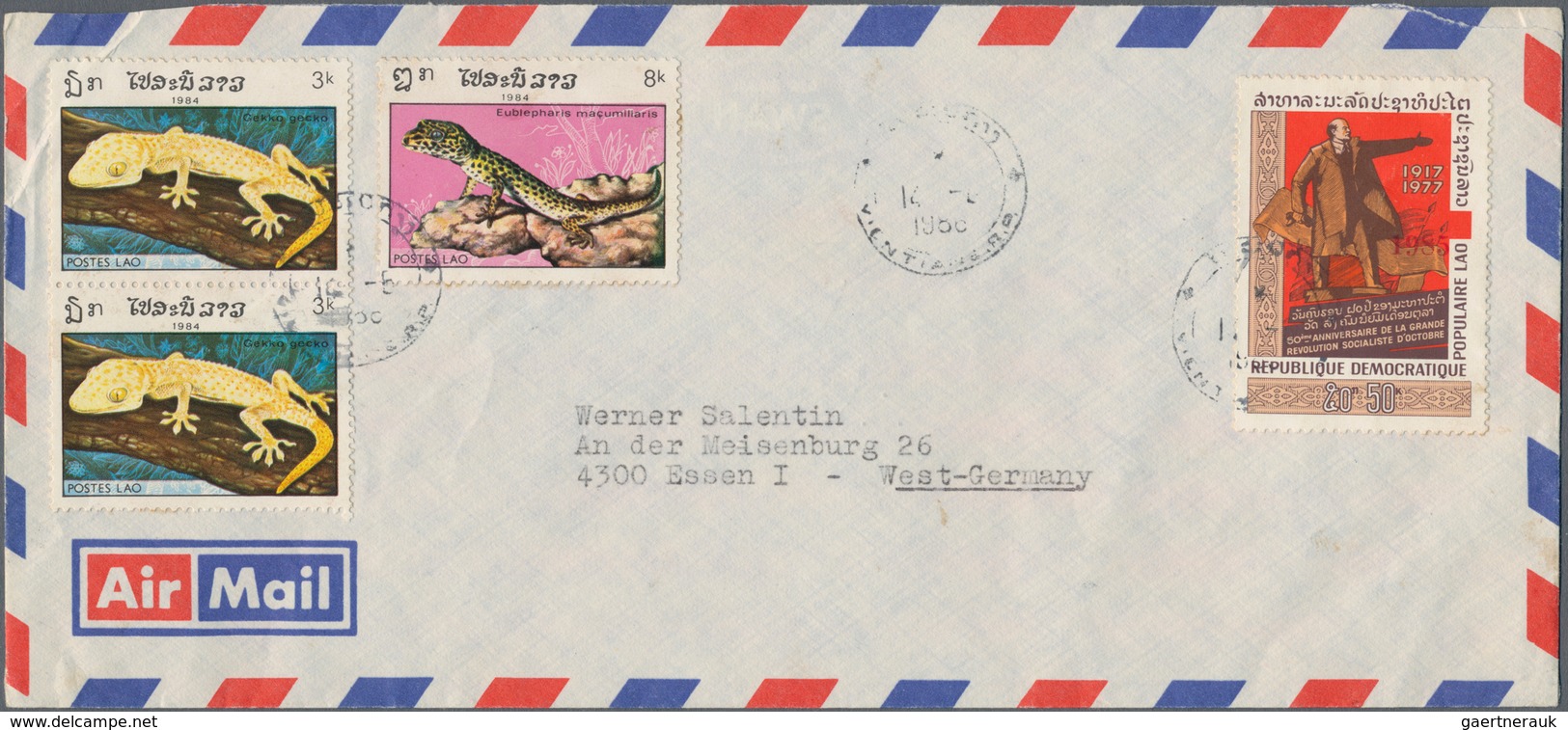 Laos: 1985, Year Date Surcharges, Lot Of Two Airmail Covers To Germany Bearing 50k. And Six Stamps 2 - Laos