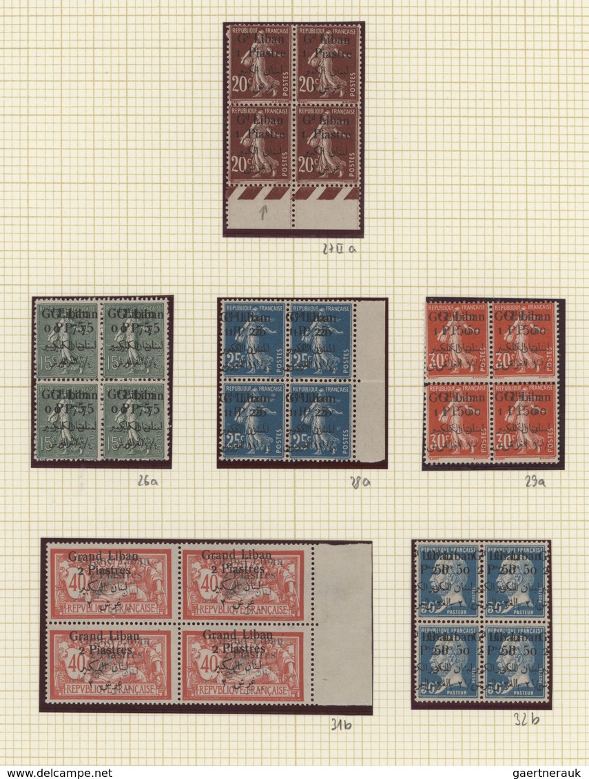 Libanon: 1924, DOUBLE OVERPRINTS, Petty MNH Collection Of Six Blocks Of Four Showing Double Overprin - Lebanon