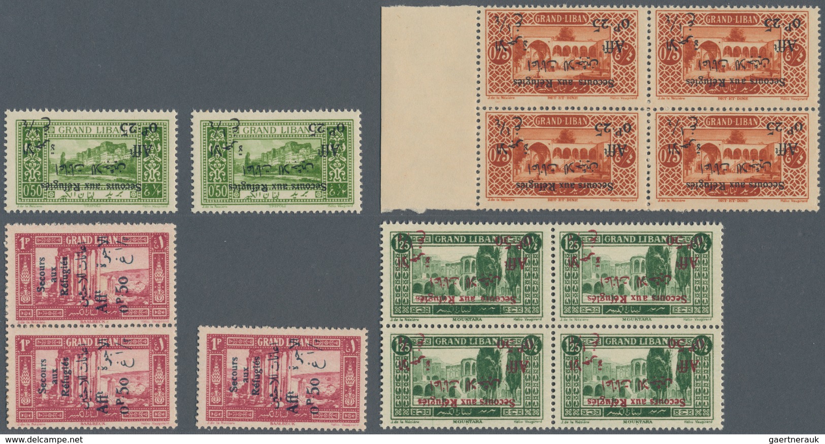 Libanon: 1926, Refugee Relief Overprints, MNH Lot Of Overprint Varieties: Maury Nos. 64c (2), 65b Bl - Libanon