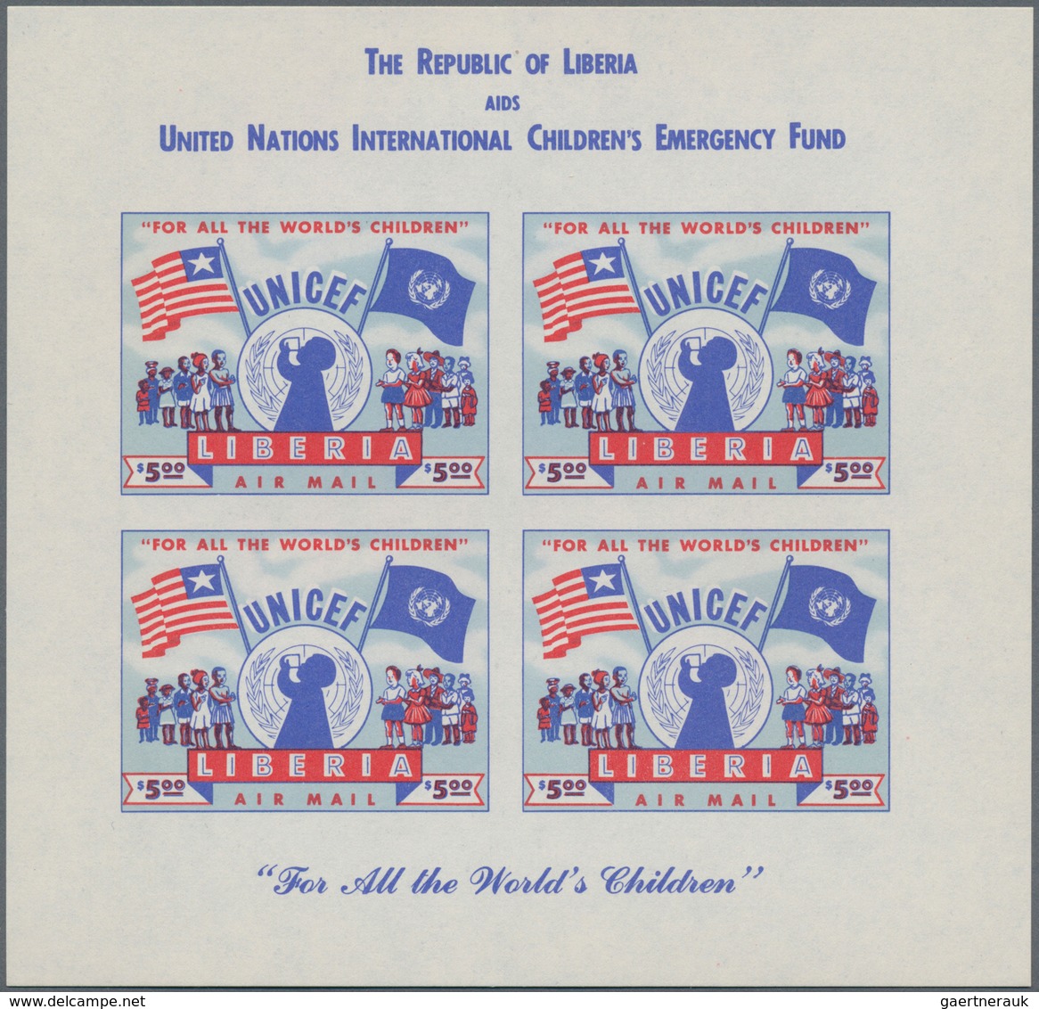 Liberia: 1954, UNICEF 5$ Red/blue (51 X 39 Mm) In A Lot With About 50 IMPERFORATED Complete Sheetlet - Liberia