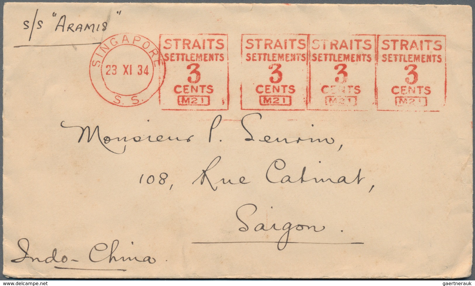Malaiische Staaten - Straits Settlements: 1933/1934, Lot Of Ten Covers To Saigon/Indochina, Each Bea - Straits Settlements
