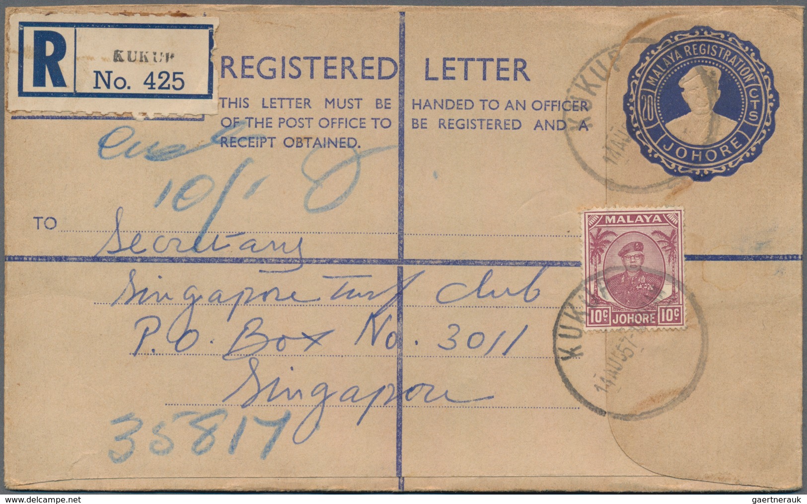 Malaiische Staaten - Johor: 1954-57 Group Of 16 Postal Stationery Registered Envelopes Used At Diffe - Johore