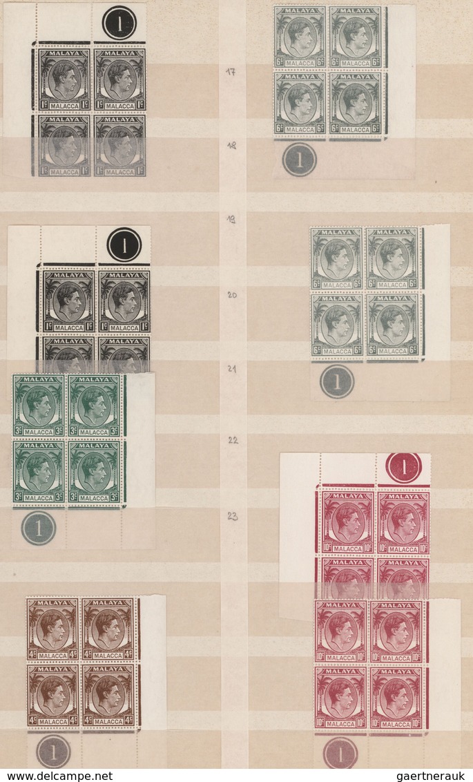 Malaiische Staaten - Malakka: 1949/1952, Definitives KGVI 1c.-$1, MNH Assortment Of 14 Plate Blocks - Malacca