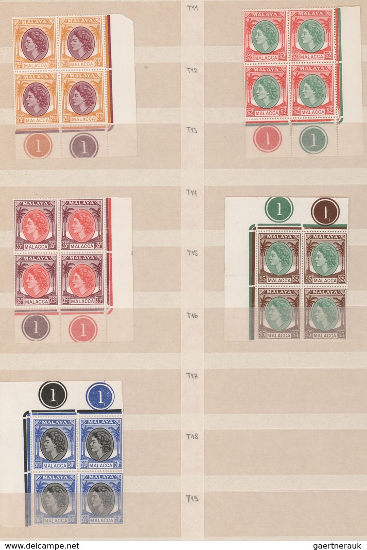 Malaiische Staaten - Malakka: 1954/1957, Definitives QEII 1c.-$5, MNH Specialised Assortment Of 18 P - Malacca