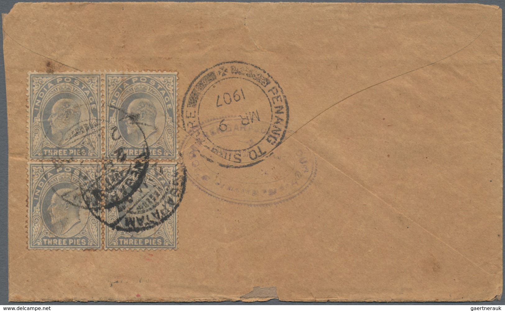 Malaiische Staaten - Penang: 1905-11 "PENANG TO SINGAPORE" Datestamps On 26 Covers From India, Vario - Penang