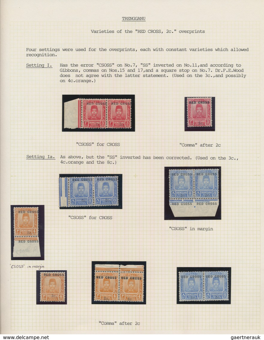 Malaiische Staaten - Trengganu: 1917/1918, Red Cross Overprints, Specialised Collection Of Apprx. 66 - Trengganu