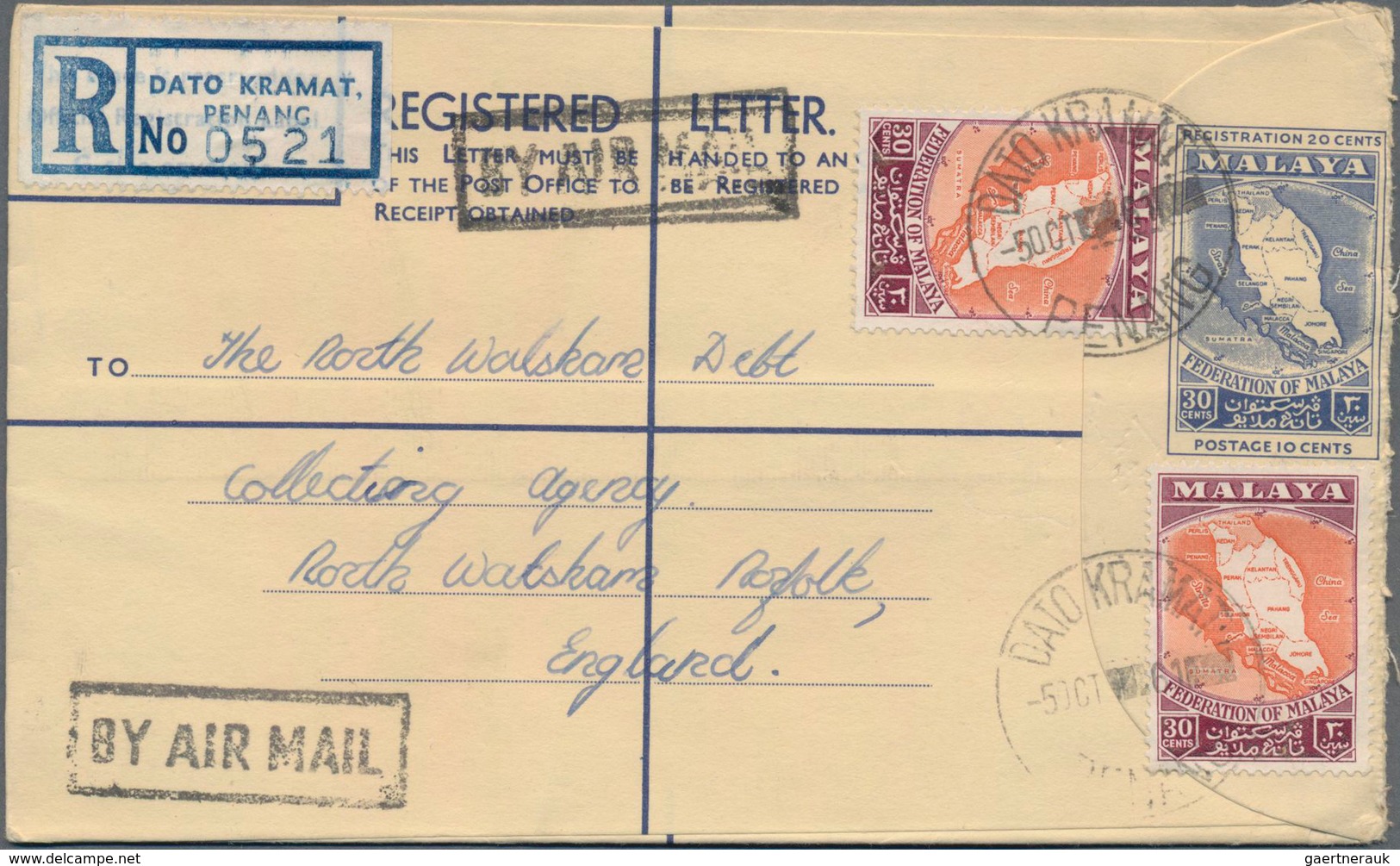Malaysia: 1950's-60's: Group Of 27 Postal Stationery Registered Envelopes 30c. Blue Used From 18 Dif - Maleisië (1964-...)