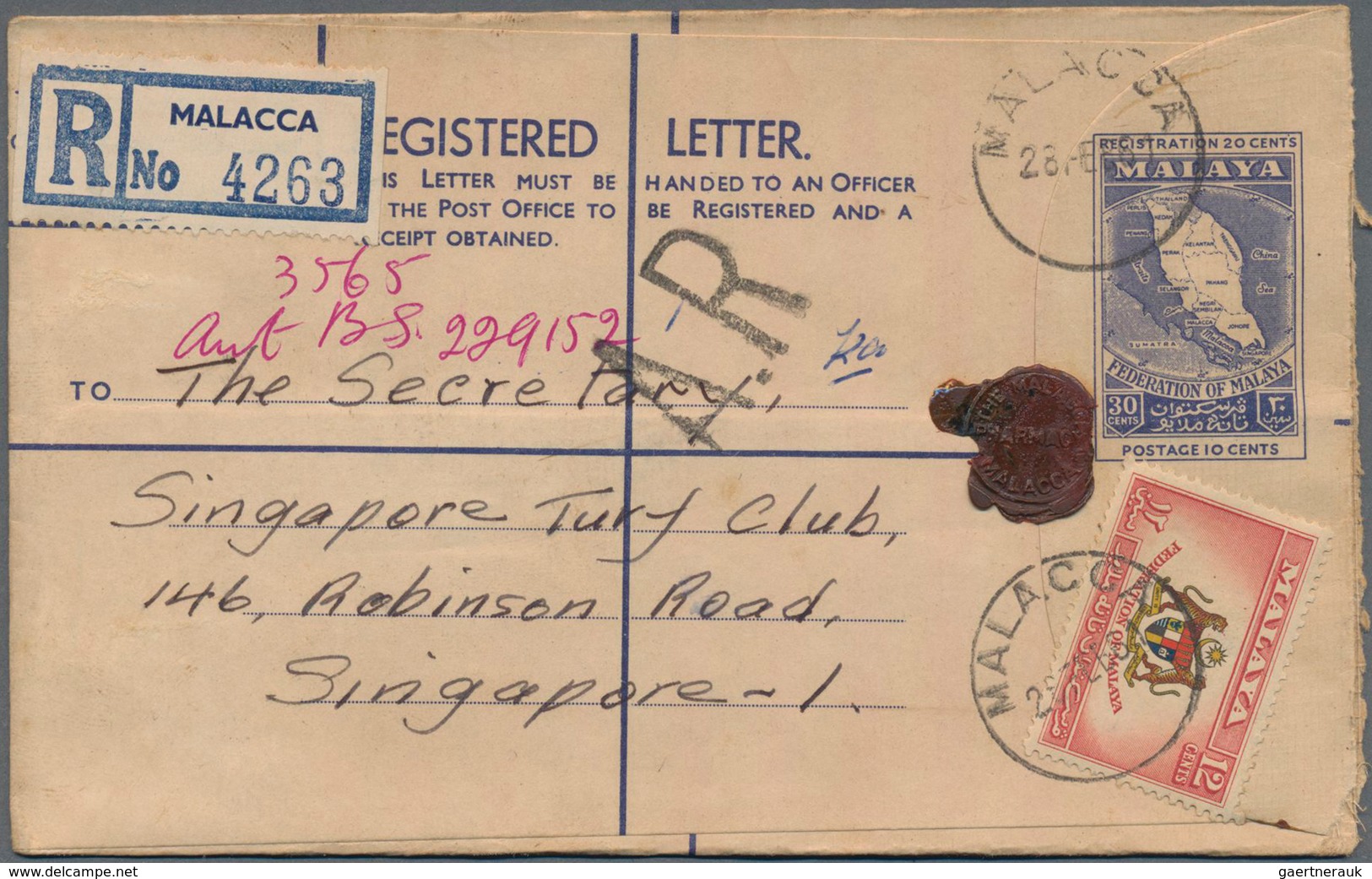 Malaysia: 1950's-60's: Group Of 27 Postal Stationery Registered Envelopes 30c. Blue Used From 18 Dif - Maleisië (1964-...)