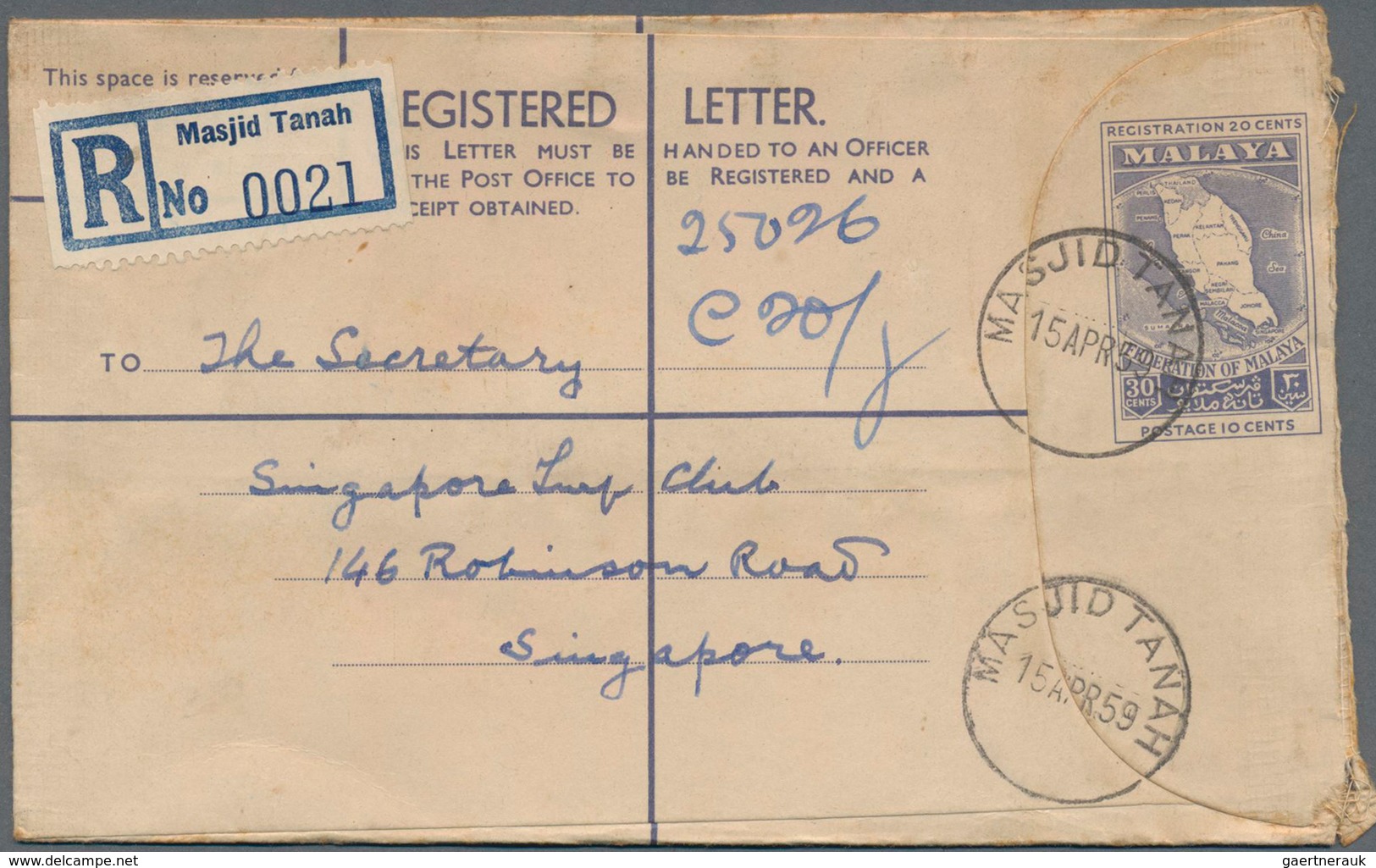 Malaysia: 1950's-60's: Group Of 27 Postal Stationery Registered Envelopes 30c. Blue Used From 18 Dif - Maleisië (1964-...)