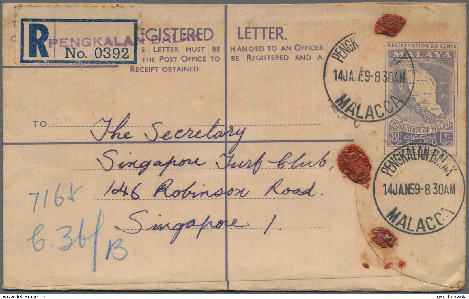 Malaysia: 1950's-60's: Group Of 27 Postal Stationery Registered Envelopes 30c. Blue Used From 18 Dif - Malasia (1964-...)