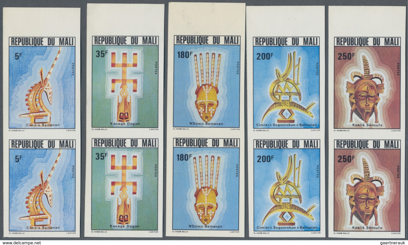 Mali: 1982, Masks Complete Set Of Five In A Lot With 20 IMPERFORATE Sets On Thicker Ungummed Paper M - Malí (1959-...)