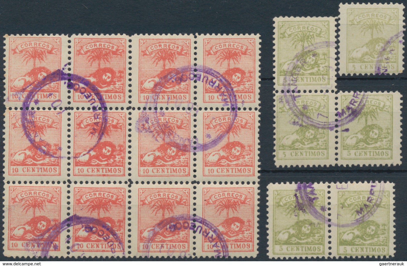 Marokko: LOCALS: TANGER A TETOUAN, 1896, 5c. Green, Six Used Stamps And 10c. Rose Used Block Of Twel - Usados