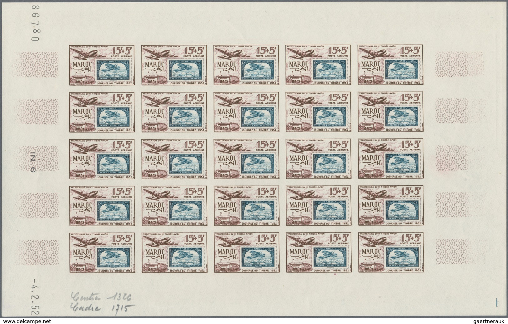 Marokko: 1949/1956, IMPERFORATE COLOUR PROOFS, MNH Assortment Of Seven Complete Sheets (=175 Proofs) - Usados