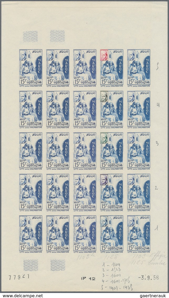 Marokko: 1949/1956, IMPERFORATE COLOUR PROOFS, MNH Assortment Of Ten Complete Sheets (=250 Proofs), - Oblitérés