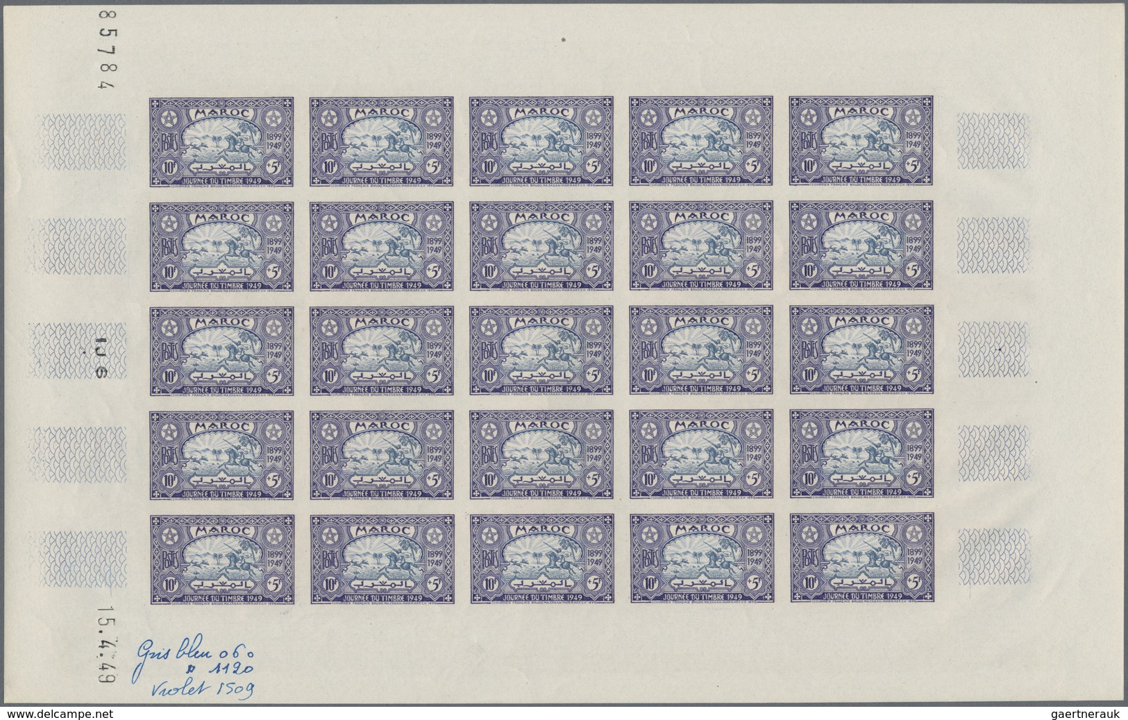 Marokko: 1949/1956, IMPERFORATE COLOUR PROOFS, MNH Assortment Of Ten Complete Sheets (=250 Proofs), - Oblitérés