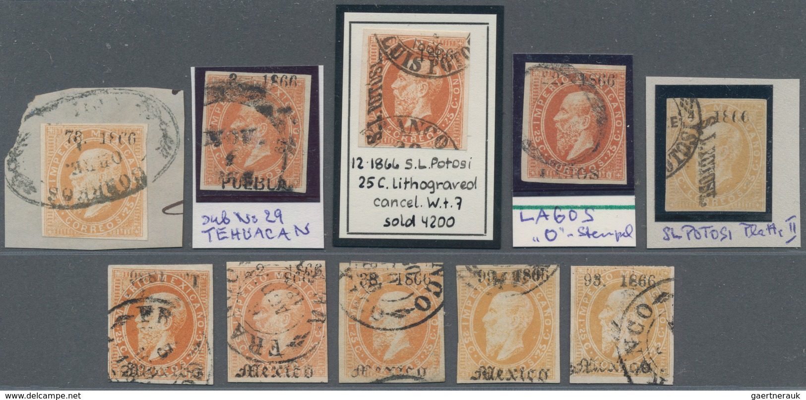 Mexiko: 1866, 17 Cancelled Stamps 25 C. Maximilian, Lithography, Incl. Postmarks Of Lagos, Colima, O - Mexique