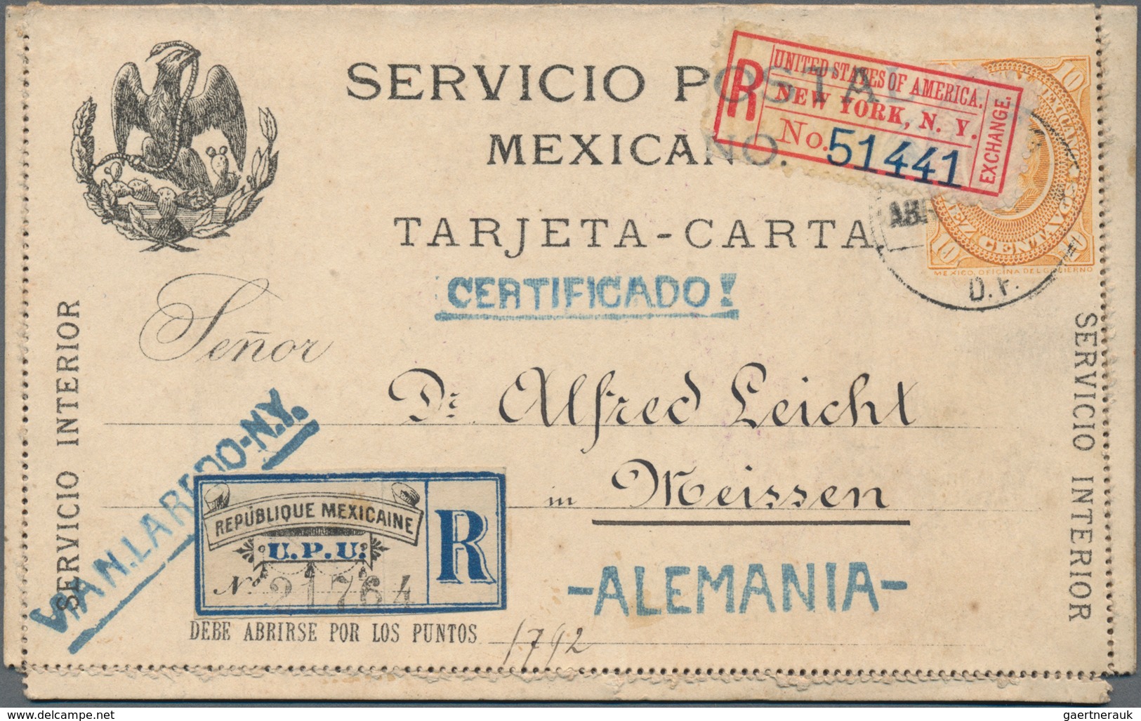 Mexiko - Ganzsachen: 1891/98, One Commercially Used Uprated Postal Stationery Lettercard Sent By Reg - México