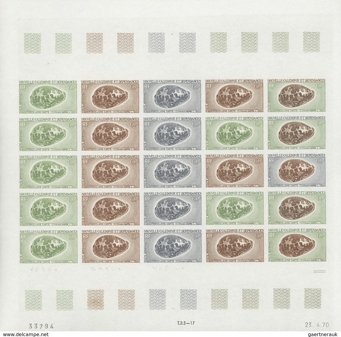 Neukaledonien: 1969/1975, IMPERFORATE COLOUR PROOFS, MNH collection of 58 complete sheets (=1.405 pr