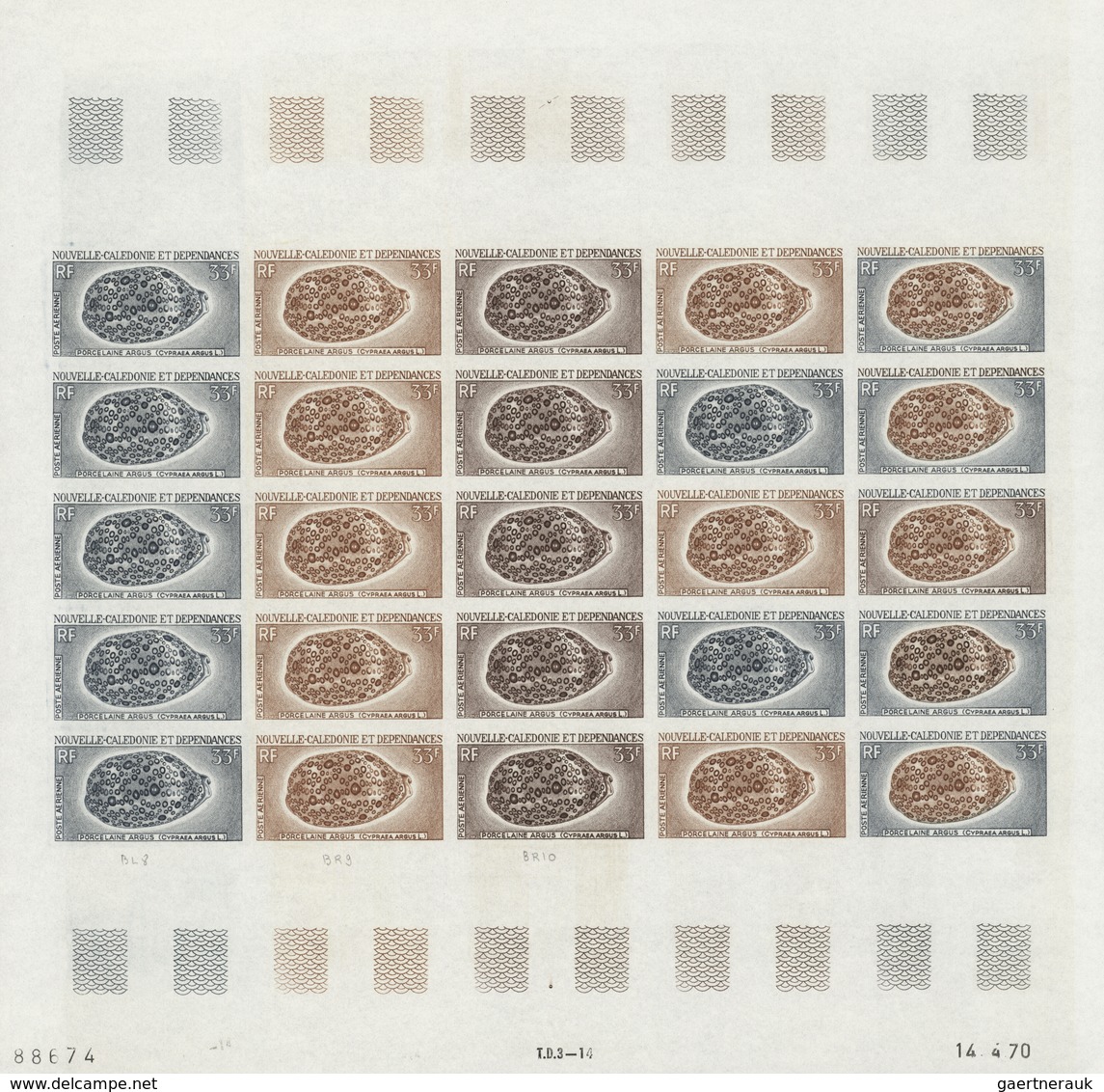 Neukaledonien: 1969/1975, IMPERFORATE COLOUR PROOFS, MNH collection of 58 complete sheets (=1.405 pr