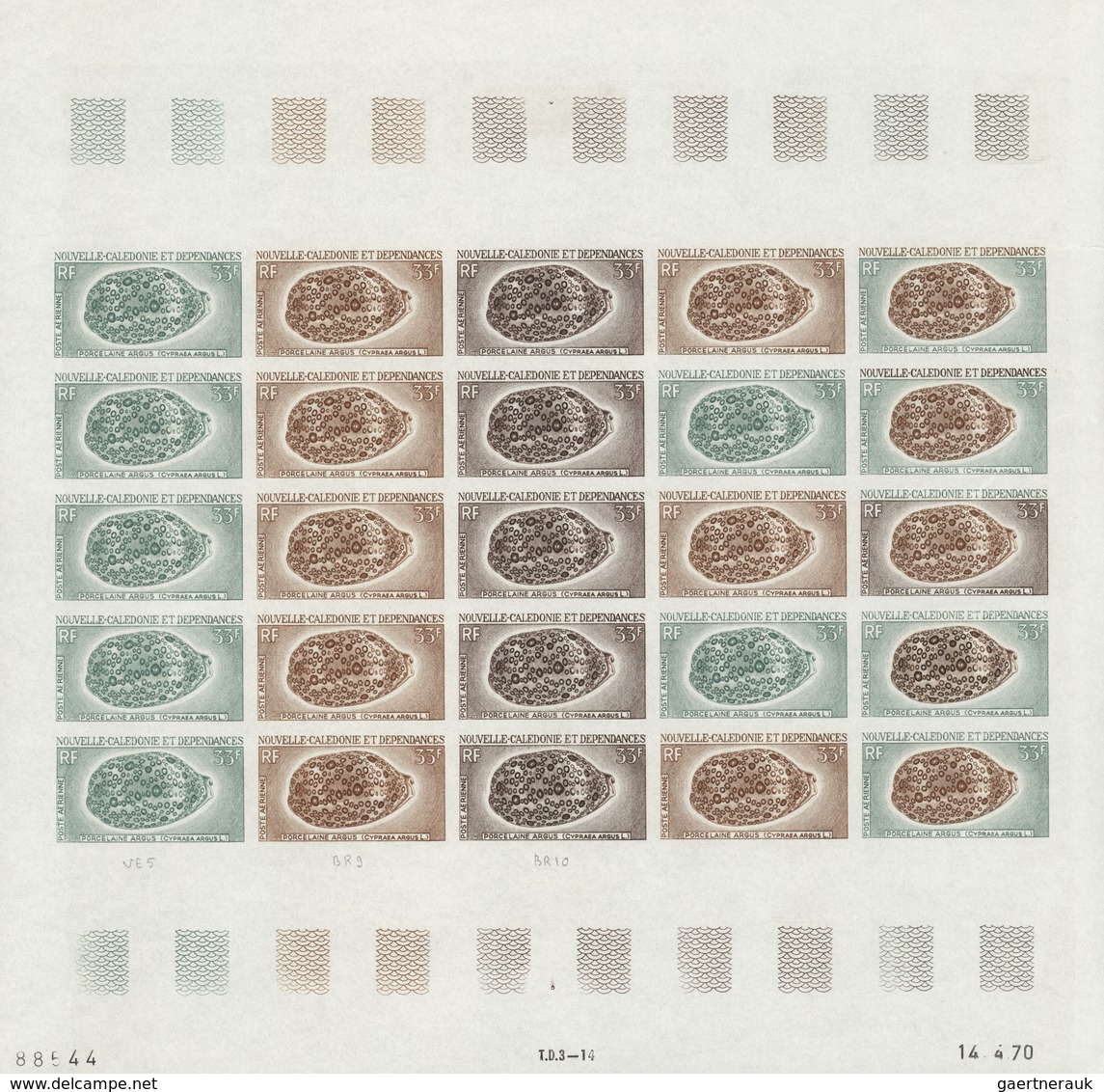 Neukaledonien: 1969/1975, IMPERFORATE COLOUR PROOFS, MNH collection of 58 complete sheets (=1.405 pr