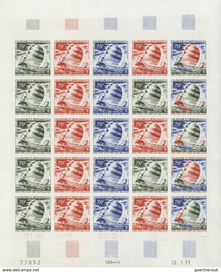 Neukaledonien: 1969/1975, IMPERFORATE COLOUR PROOFS, MNH collection of 58 complete sheets (=1.405 pr