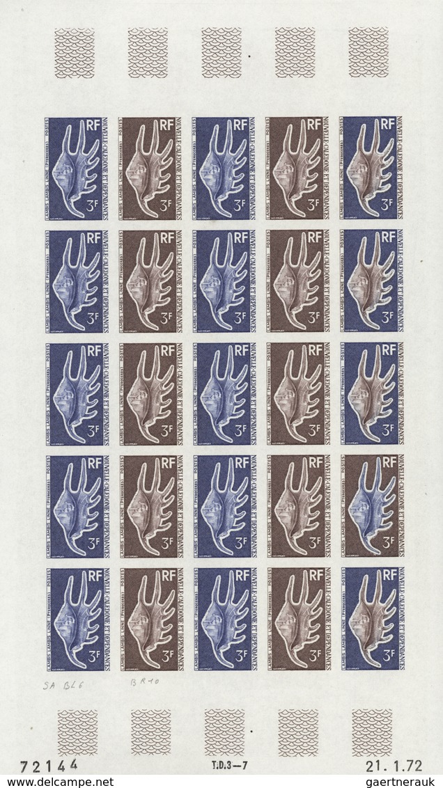 Neukaledonien: 1969/1975, IMPERFORATE COLOUR PROOFS, MNH collection of 58 complete sheets (=1.405 pr