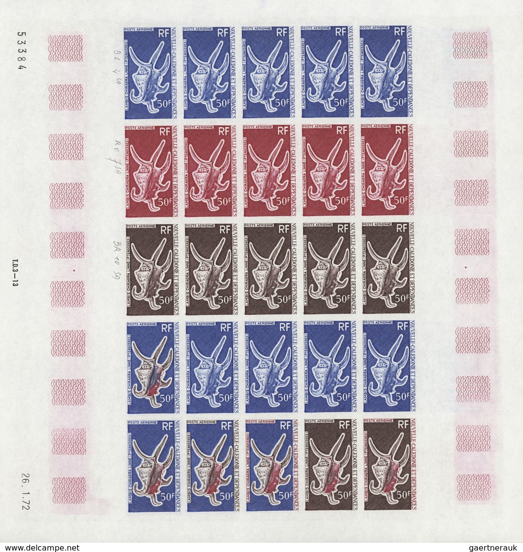 Neukaledonien: 1969/1975, IMPERFORATE COLOUR PROOFS, MNH collection of 58 complete sheets (=1.405 pr