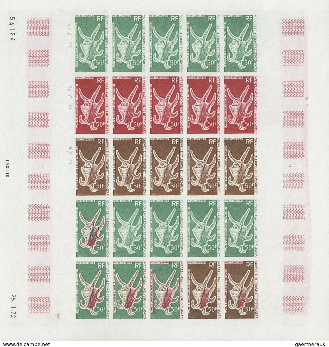 Neukaledonien: 1969/1975, IMPERFORATE COLOUR PROOFS, MNH collection of 58 complete sheets (=1.405 pr