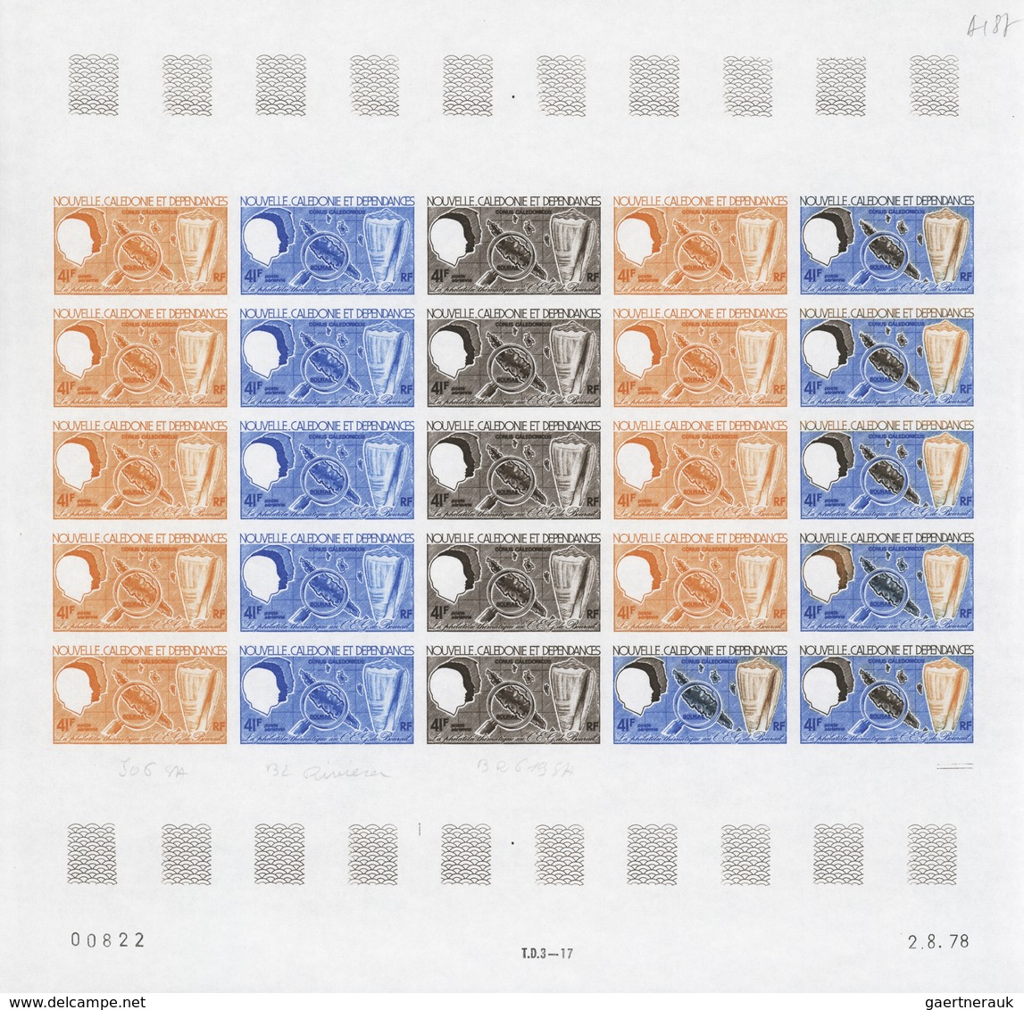 Neukaledonien: 1969/1975, IMPERFORATE COLOUR PROOFS, MNH collection of 58 complete sheets (=1.405 pr