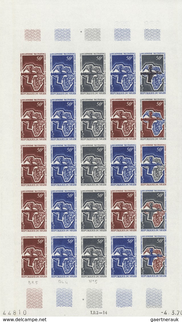 Niger: 1969/1978, IMPERFORATE COLOUR PROOFS, MNH collection of 105 complete sheets (=2.245 proofs),