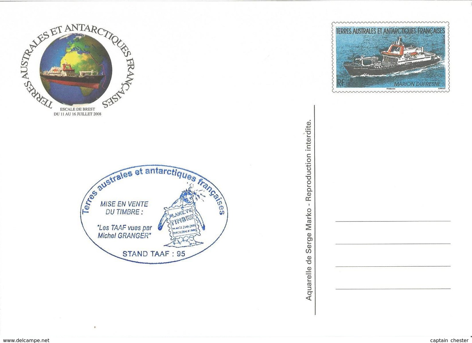TAAF Entier Postal " MARION DUFESNE 2008 - Cachet Planète Timbres Pingouin " Neuf - Postwaardestukken