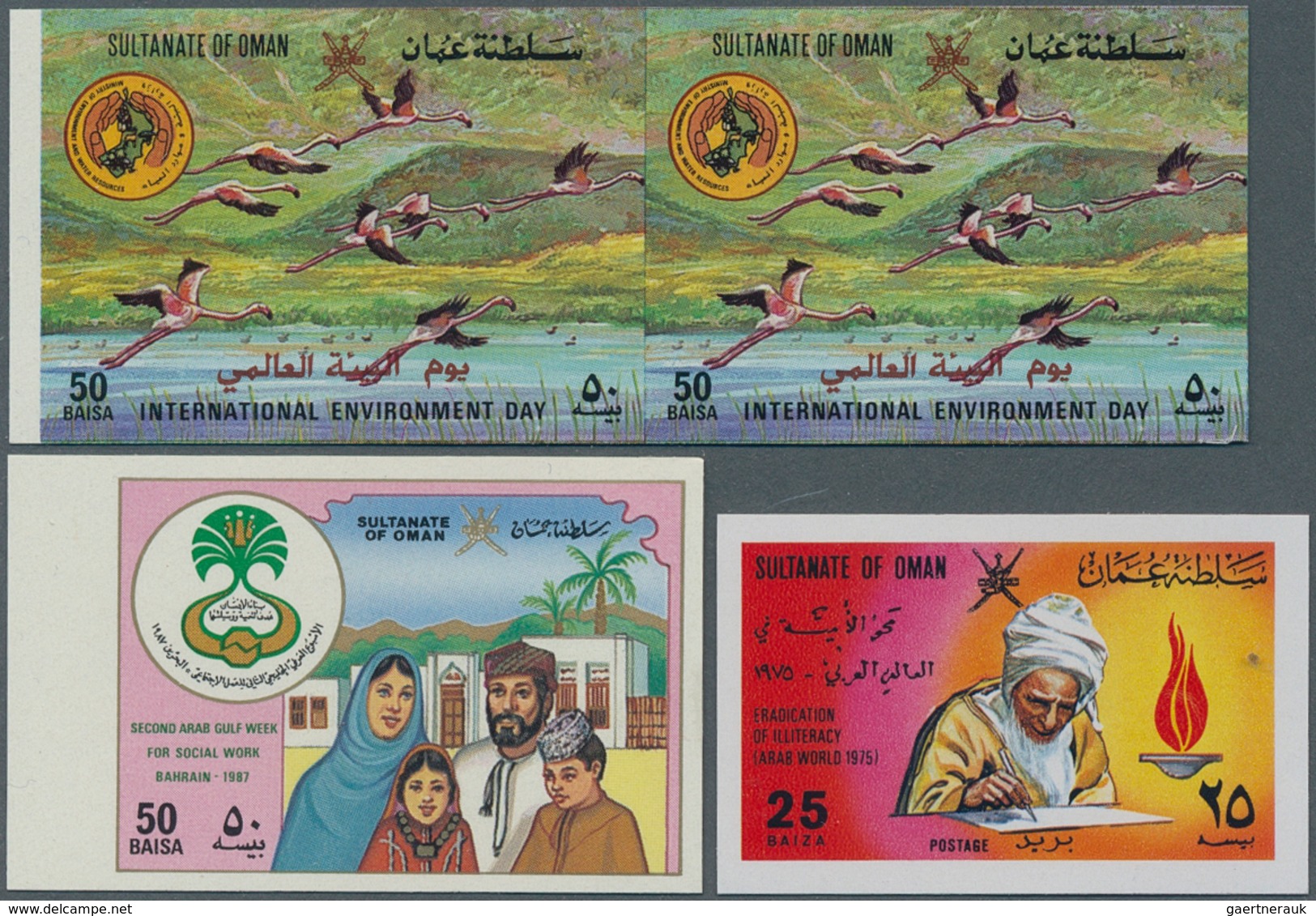Oman: 1975/1987, Lot Of 766 IMPERFORATE Stamps MNH, Showing Various Topics Like Animals (Flamingo), - Oman