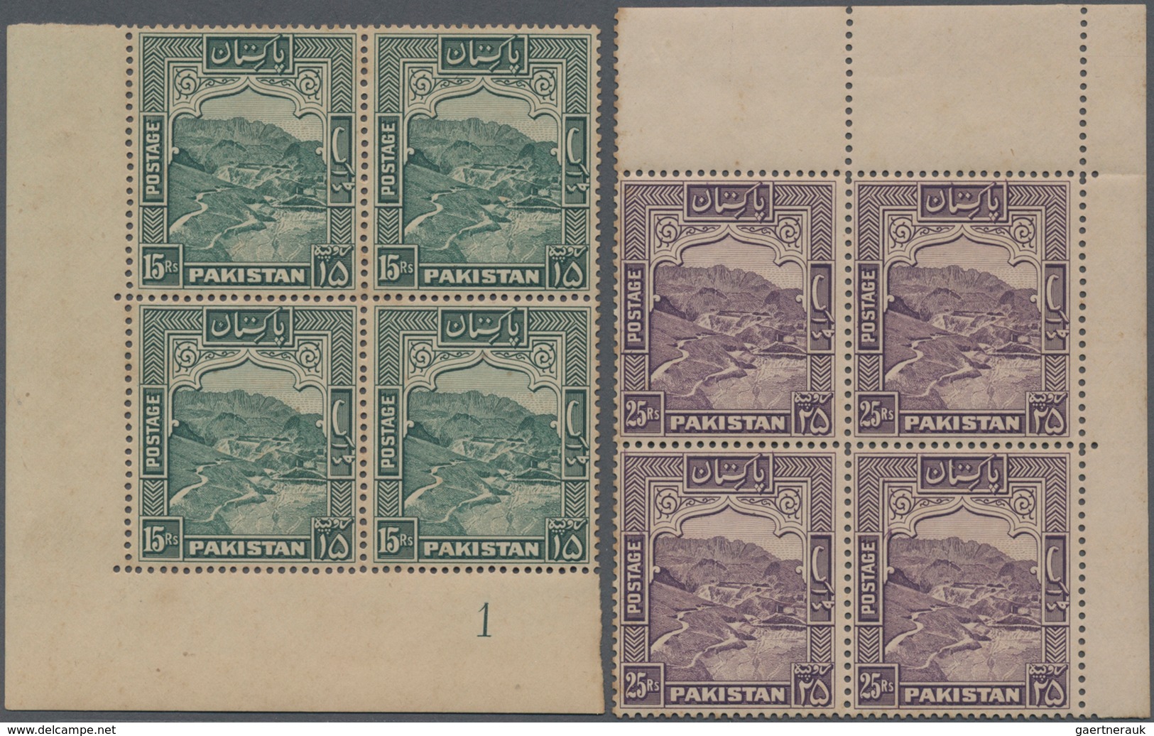 Pakistan: 1948-49 Three Good Multiples, With 1) 1948 1r. Bottom Marginal Block Of Eight With Printer - Pakistan