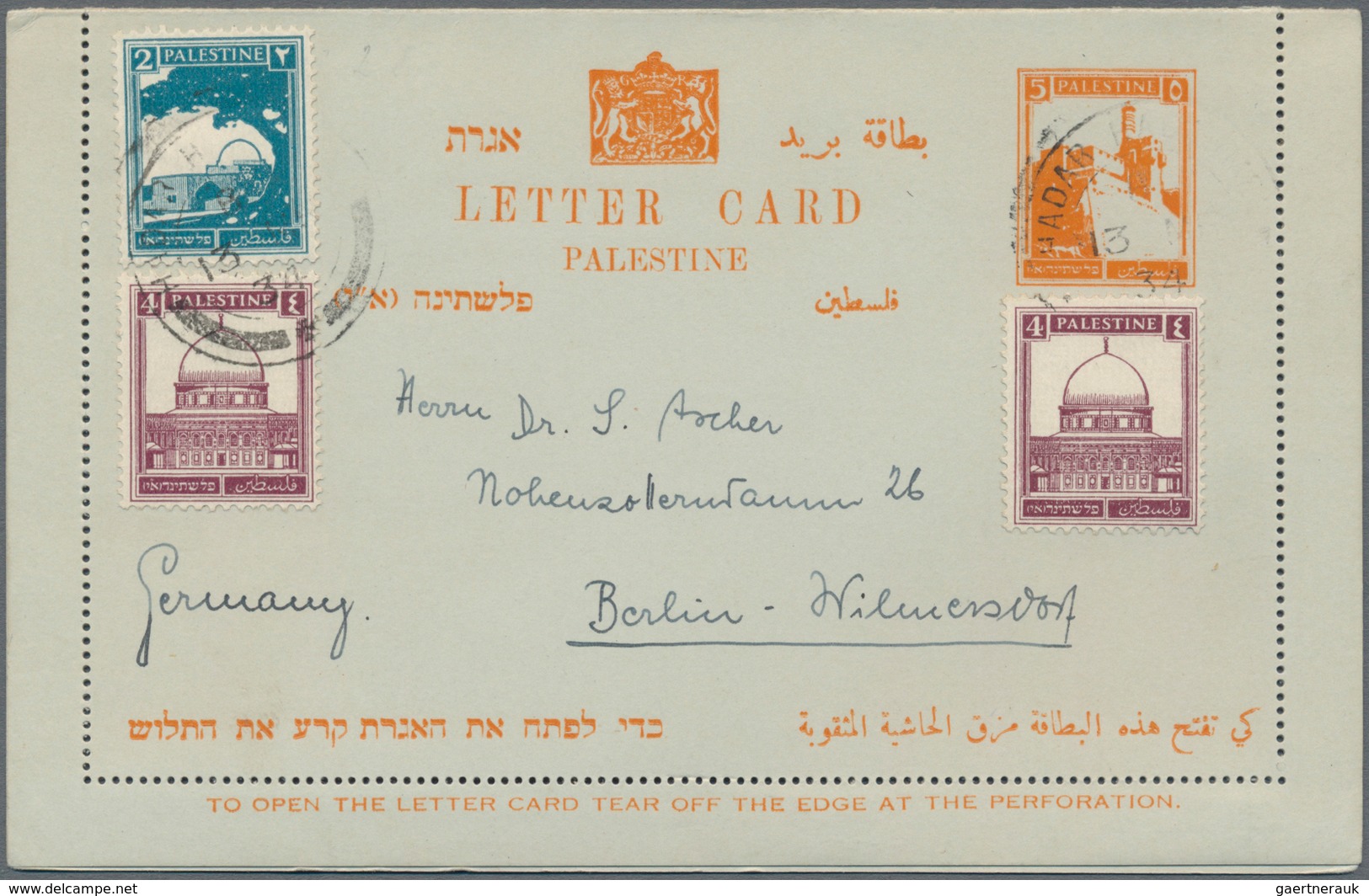 Palästina: 1934/1939, Lot Of Six Commercially Used Stationeries (two Uprated Letter Cards, One Wrapp - Palestine