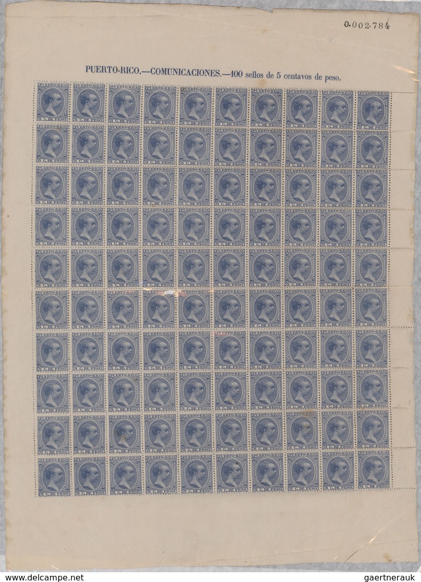 Puerto Rico: 1890/1898, King Alfons XIII., ten values in complete sheets of 100 stamps each mint nev