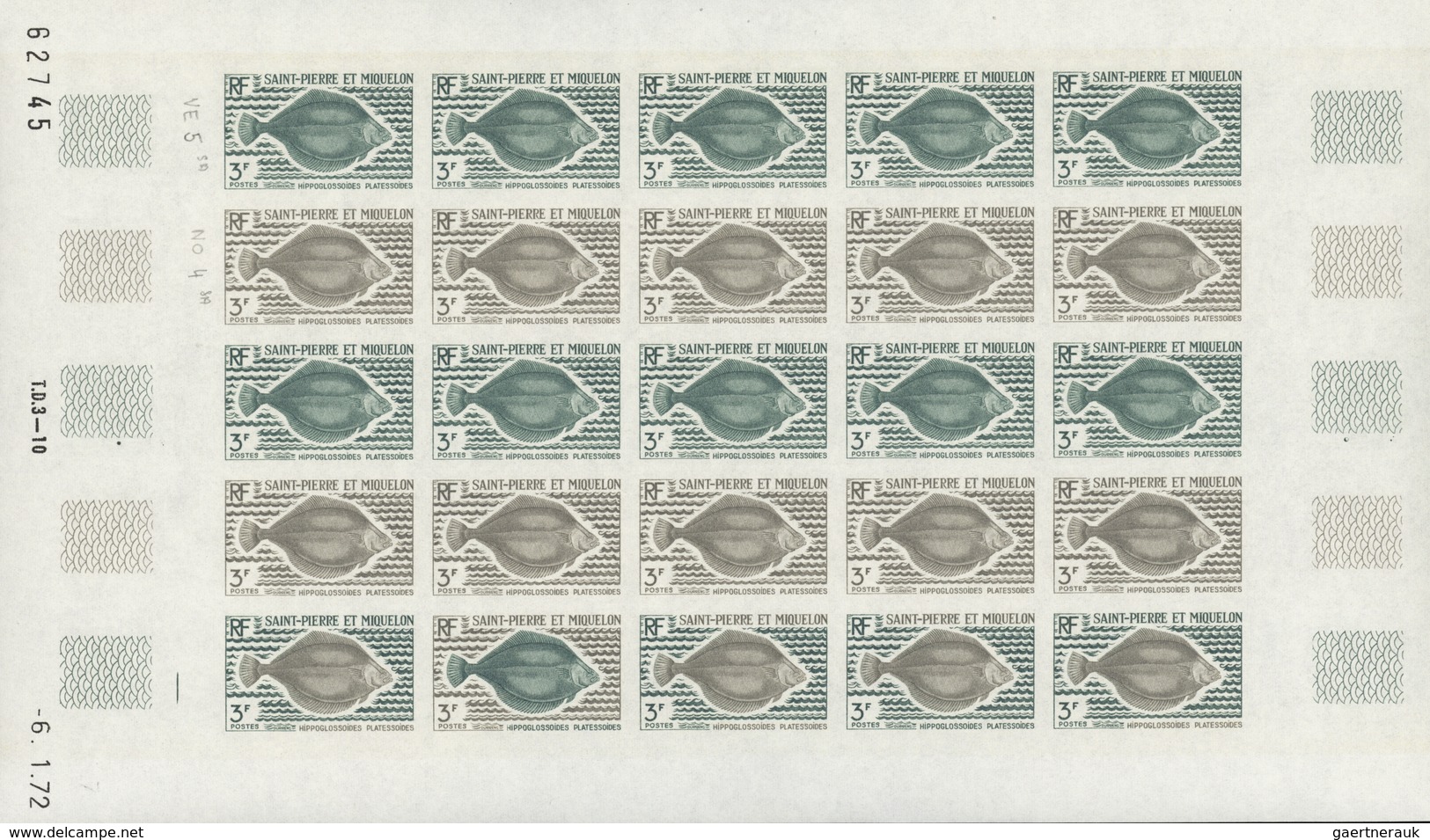 St. Pierre und Miquelon: 1969/1975, IMPERFORATE COLOUR PROOFS, MNH collection of 49 complete sheets