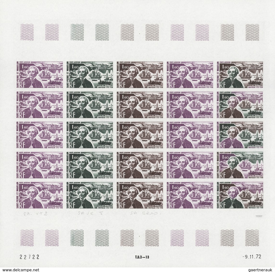 St. Pierre und Miquelon: 1969/1975, IMPERFORATE COLOUR PROOFS, MNH collection of 49 complete sheets