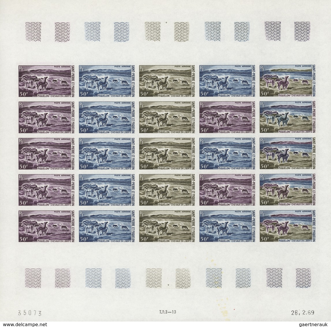 St. Pierre und Miquelon: 1969/1975, IMPERFORATE COLOUR PROOFS, MNH collection of 49 complete sheets