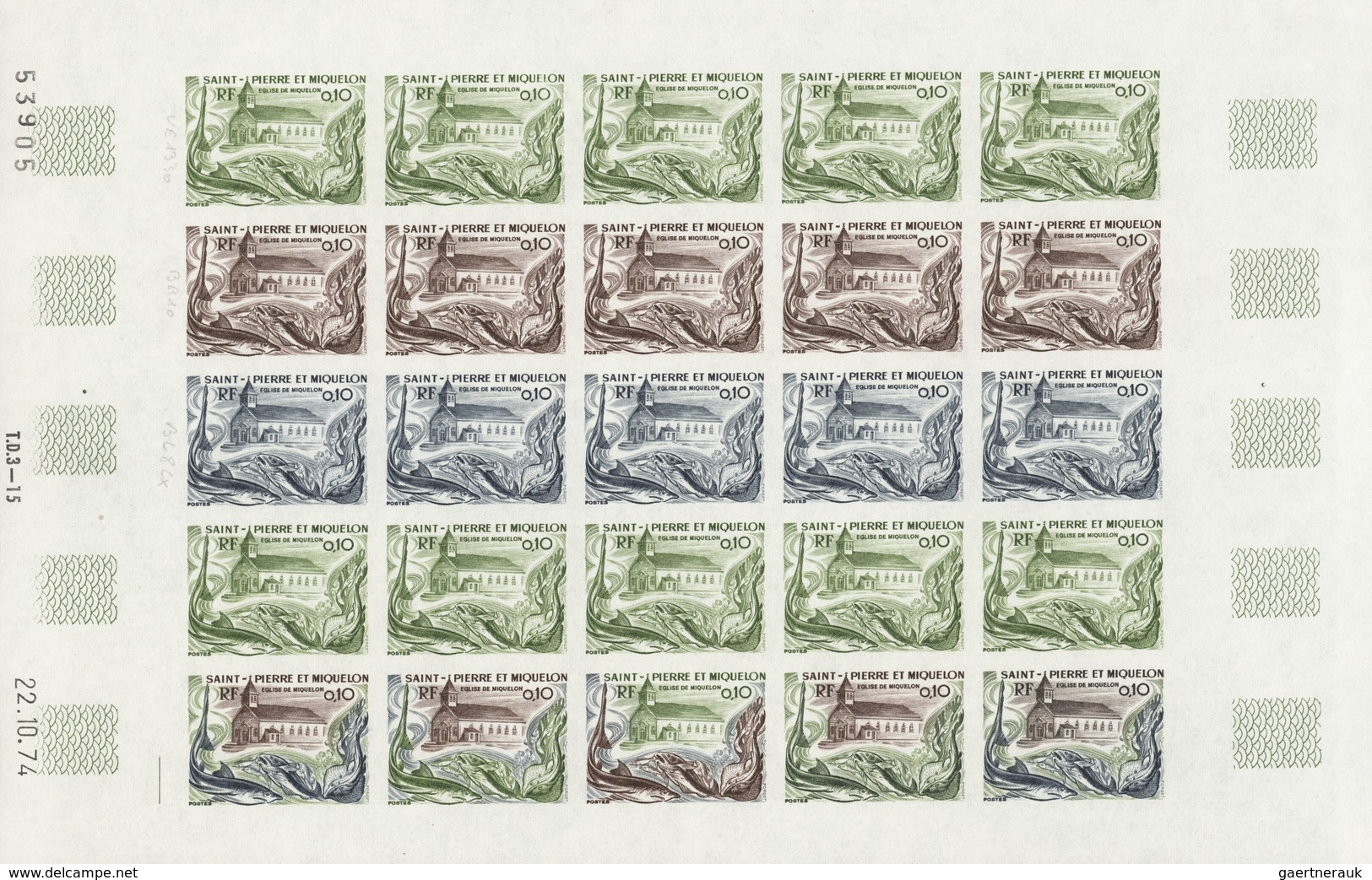 St. Pierre und Miquelon: 1969/1975, IMPERFORATE COLOUR PROOFS, MNH collection of 49 complete sheets