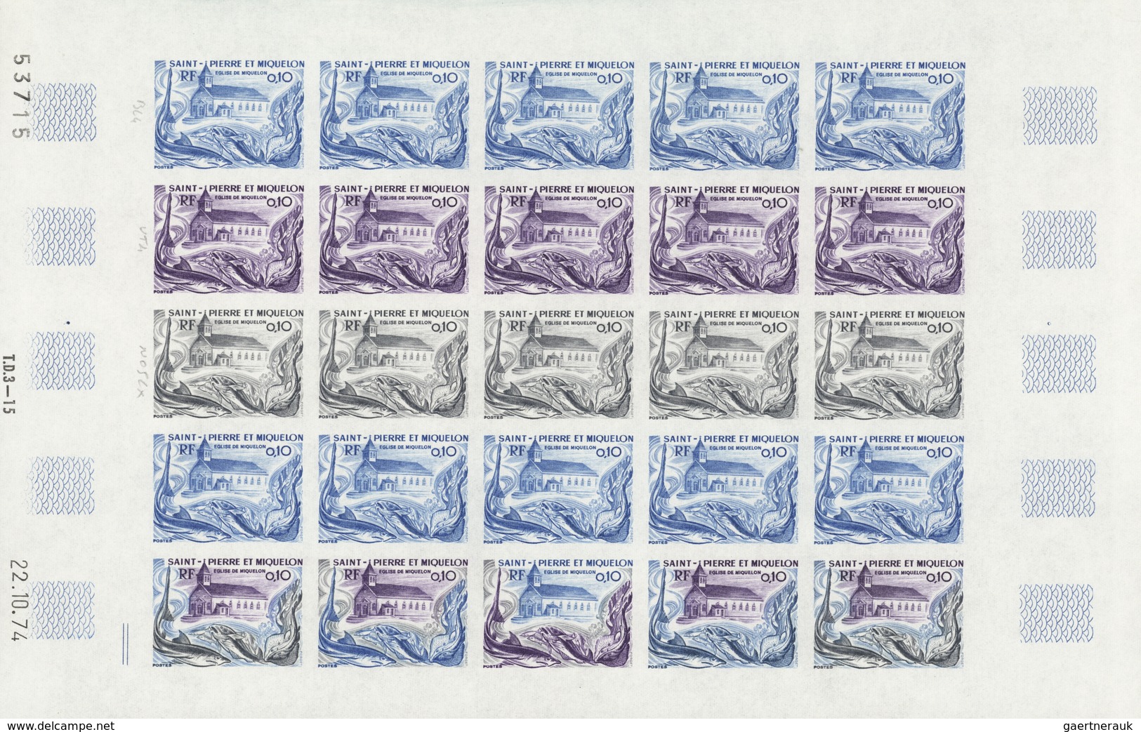 St. Pierre und Miquelon: 1969/1975, IMPERFORATE COLOUR PROOFS, MNH collection of 49 complete sheets