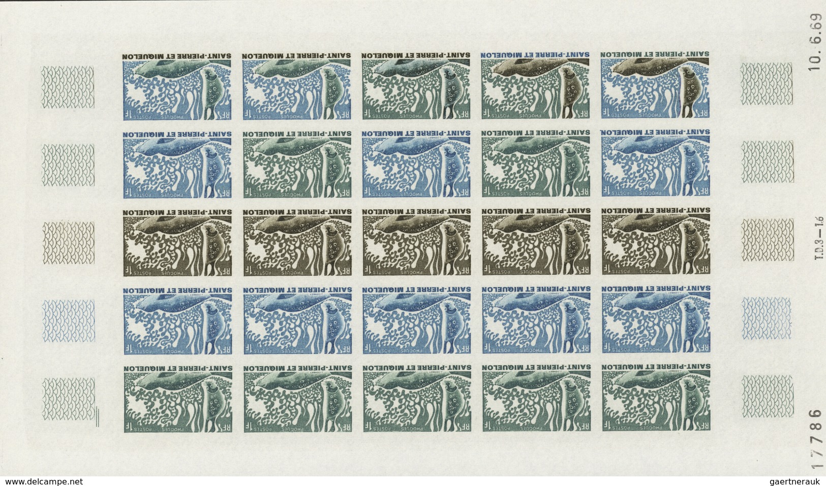 St. Pierre und Miquelon: 1969/1975, IMPERFORATE COLOUR PROOFS, MNH collection of 49 complete sheets