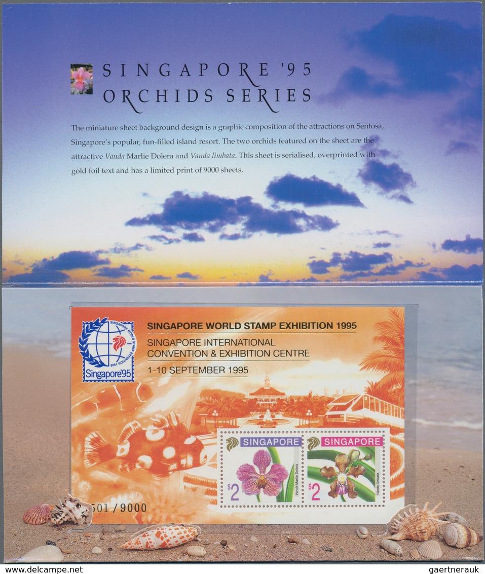 Singapur: 1995 'Orchids' Miniature Sheet $2+$2 With Background In Orange And Inscription In Gold Met - Singapore (...-1959)