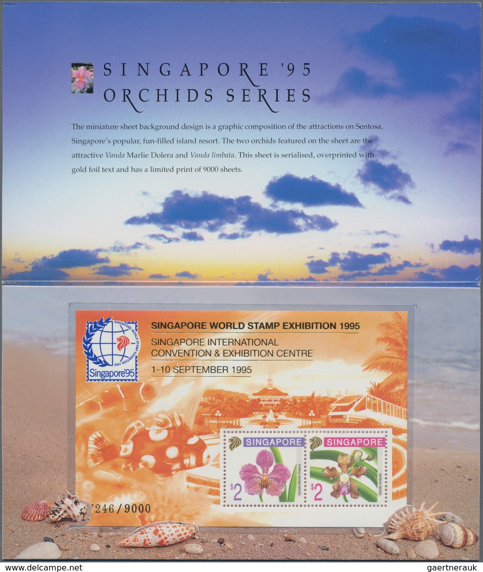 Singapur: 1995 'Orchids' Miniature Sheet $2+$2 With Background In Orange And Inscription In Gold Met - Singapur (...-1959)