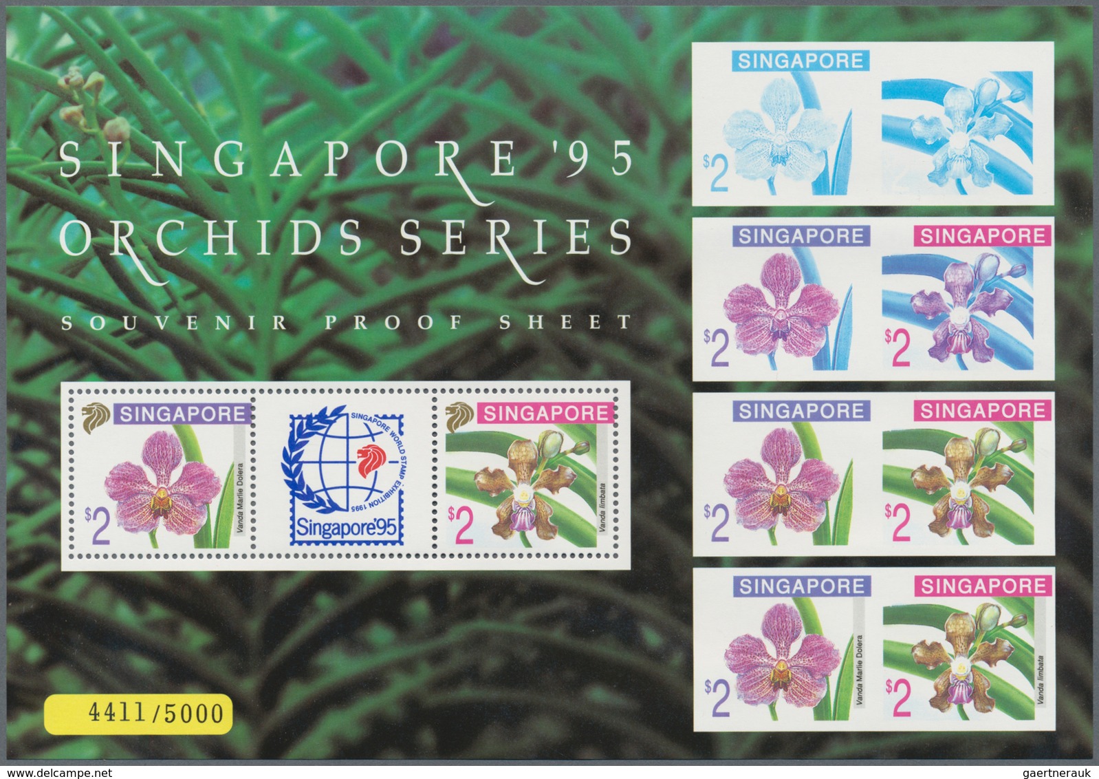 Singapur: 1995 Stock Of 160 'Orchids' Miniature Sheets, With 100 Of The Small One With Orange Backgr - Singapur (...-1959)