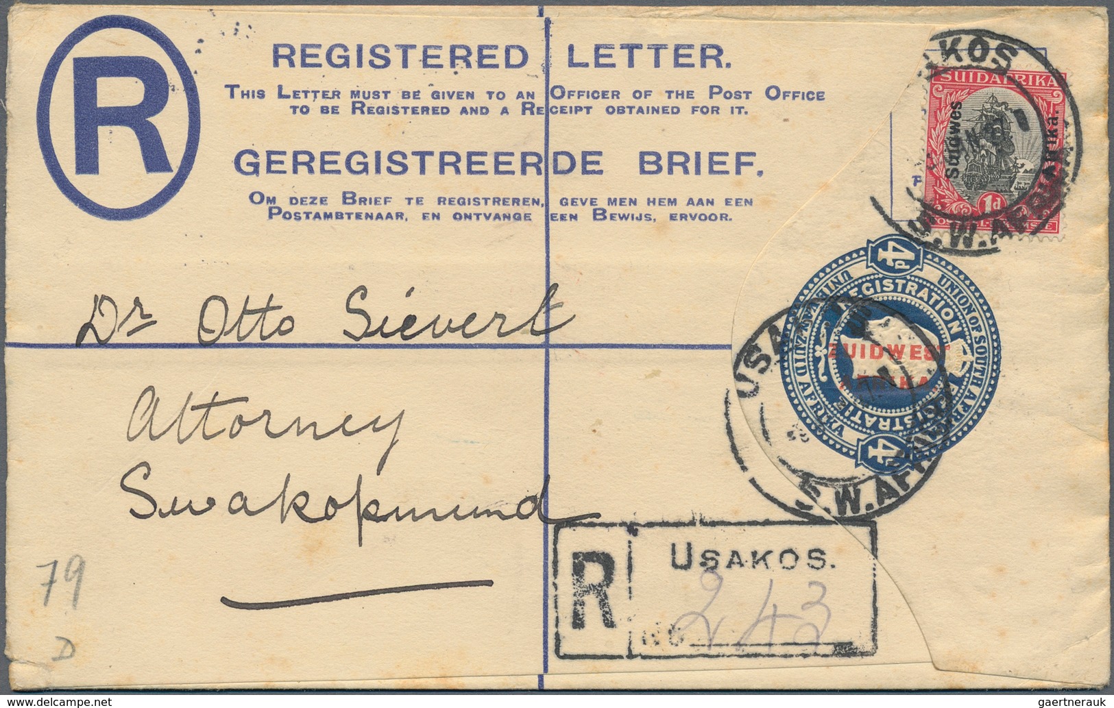 Südwestafrika: 1923/1928, 15 used registered letter stationary envelopes (Higgins & Gage ex no. 3/11