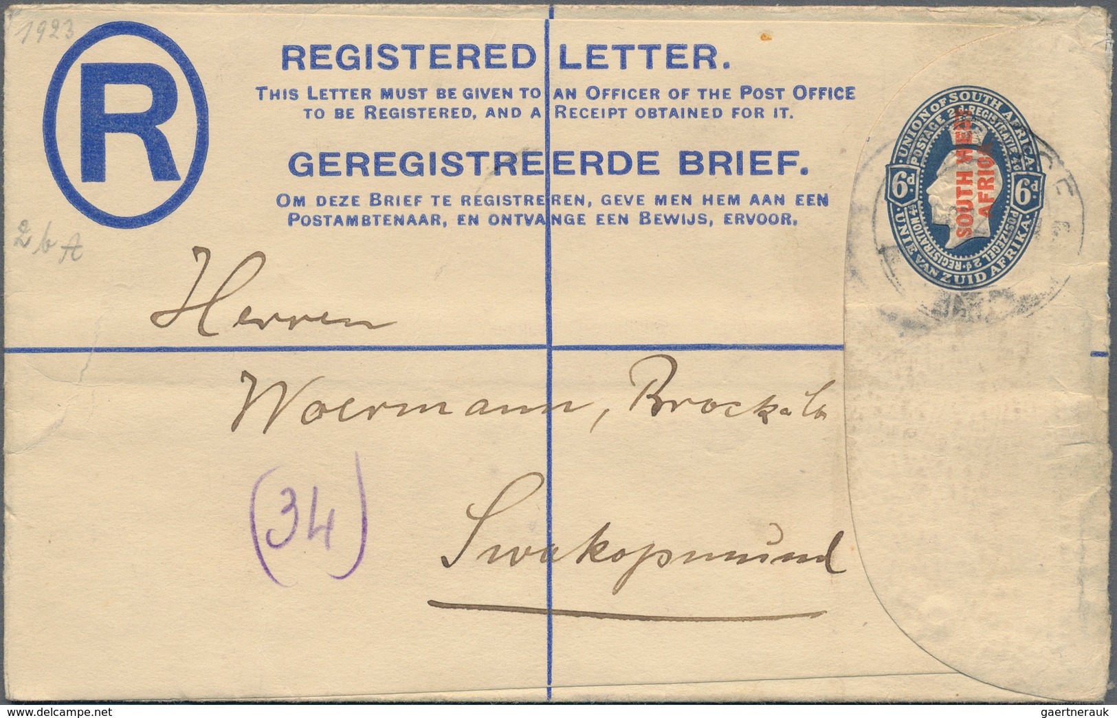 Südwestafrika: 1923/1928, 15 used registered letter stationary envelopes (Higgins & Gage ex no. 3/11