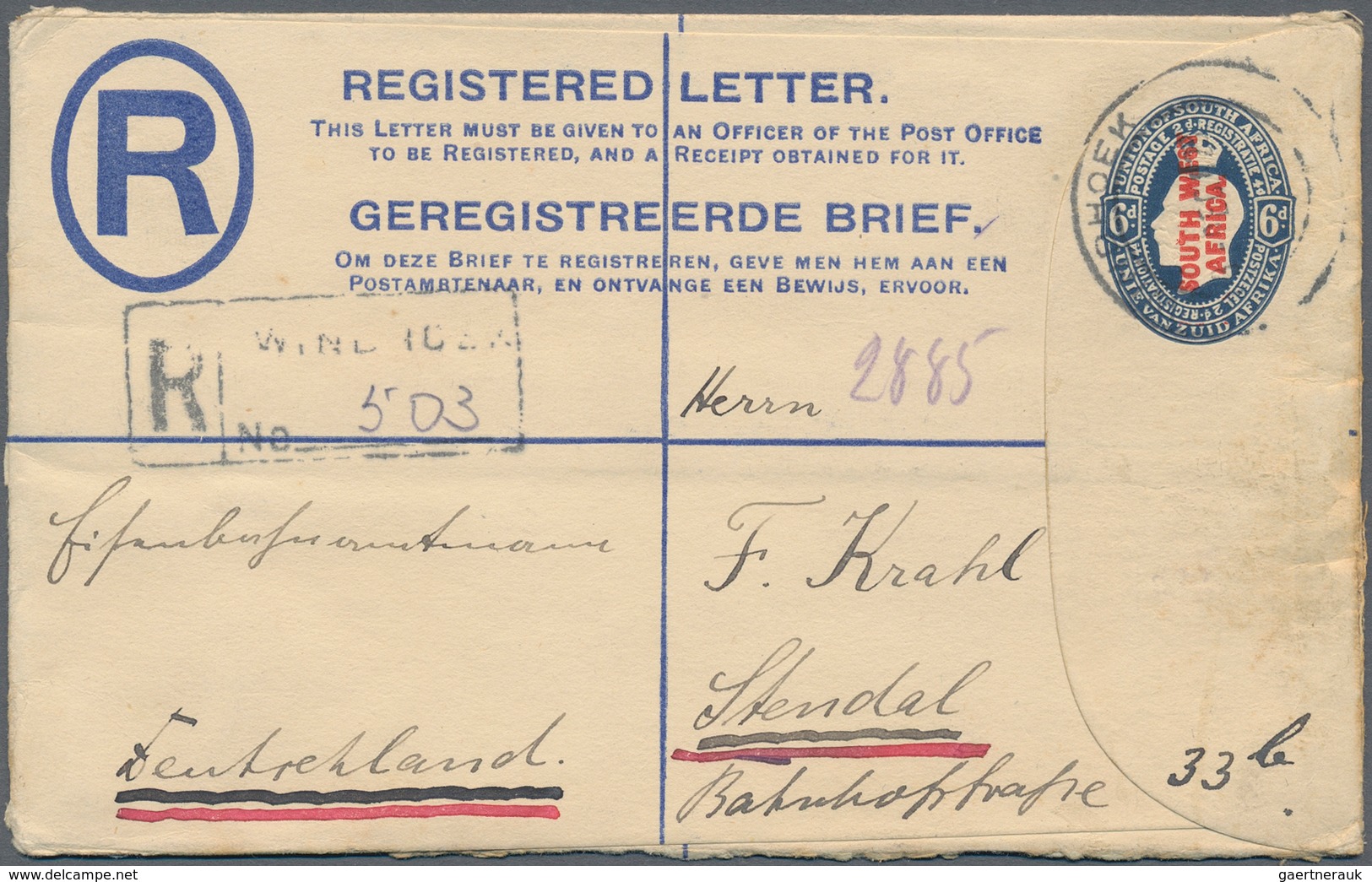 Südwestafrika: 1923/1928, 15 used registered letter stationary envelopes (Higgins & Gage ex no. 3/11