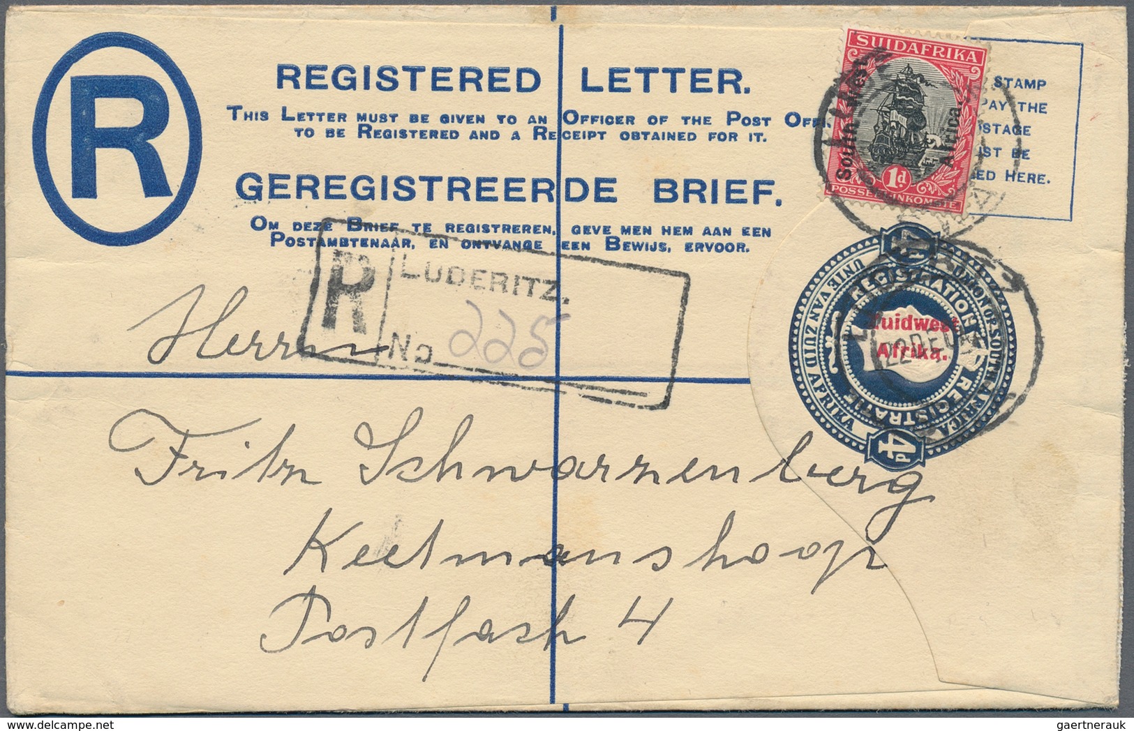 Südwestafrika: 1923/1928, 15 used registered letter stationary envelopes (Higgins & Gage ex no. 3/11