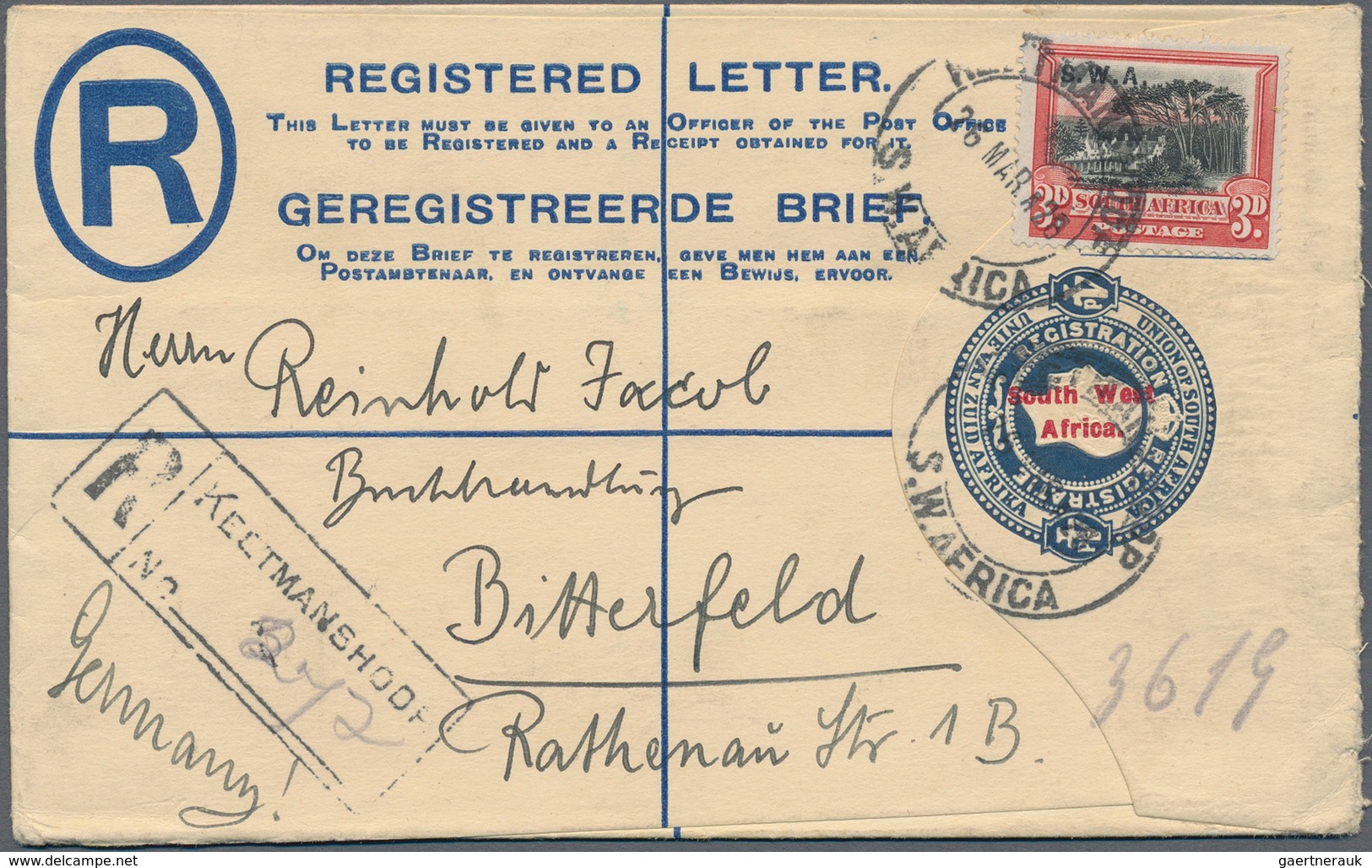 Südwestafrika: 1923/1928, 15 used registered letter stationary envelopes (Higgins & Gage ex no. 3/11