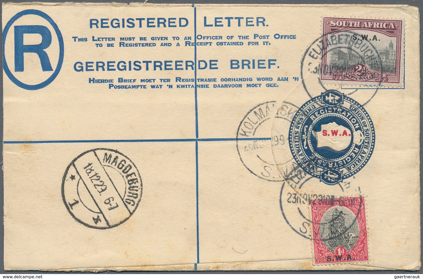 Südwestafrika: 1923/1928, 15 used registered letter stationary envelopes (Higgins & Gage ex no. 3/11